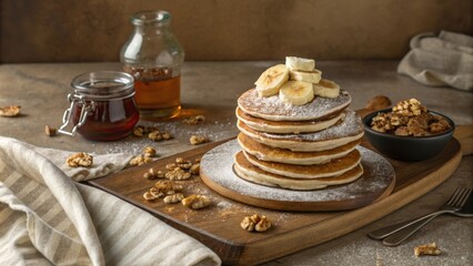Rustic Stack of Pancakes with Bananas and Maple Syrup