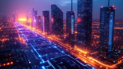 Futuristic City Skyline at Dusk with Illuminated Skyscrapers and Neon Lights