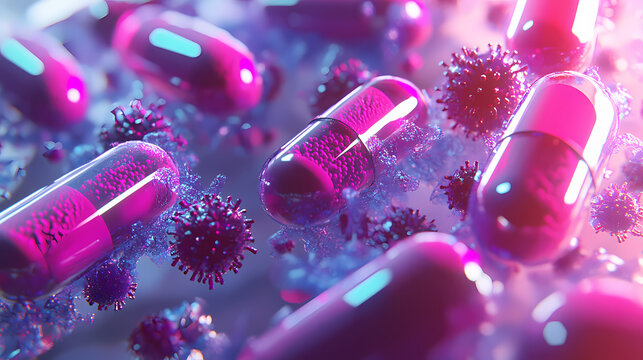 Bacteria or bacteria chaped pills. Omnipresent. Illustration