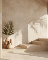 Modern empty room with beige stucco walls, vases, and a palm leaf in a calming 3D-rendered minimalist design