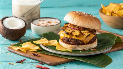 Tropical Hamburger with Grilled Pineapple and Coconut