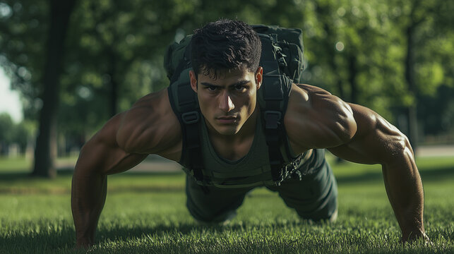 Athletic Man in a Backpack Doing Push-Ups in a Lush Green Park, Emphasizing Fitness, Resilience, and a Dedicated Training Routine in Nature - Image Made Using Generative AI - Powered by Adobe