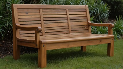 Obraz premium Wooden garden bench on grass.