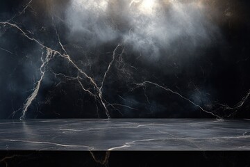 black marble countertop with intricate white veining and shadows for product display mockup