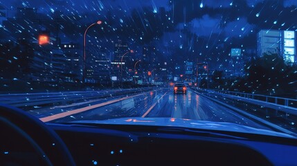 Raindrops Falling from Car Window While Driving Through the City at Night, Y2K Aesthetic
