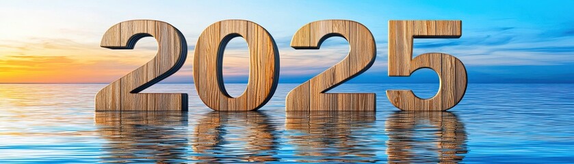 A serene sunset over water highlights the year 2025, represented in wooden numbers reflecting in the calm surface.