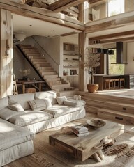 Farmhouse-style modern living room interior with a wooden staircase, cozy decor, and natural light creating a warm and inviting atmosphere