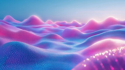 A surreal depiction of undulating digital landscapes, glowing with pulsating neon pink and blue hues, accented by holographic grids and shimmering particles
