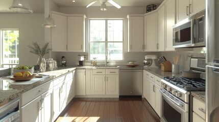 Fototapeta premium A contemporary kitchen featuring white cabinetry, granite countertops