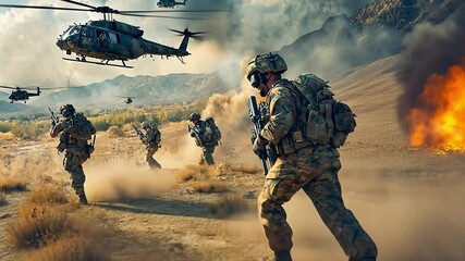 Military Helicopter Extraction: A dramatic scene of soldiers on a mission in a warzone, with helicopters overhead, and an explosion in the background.  