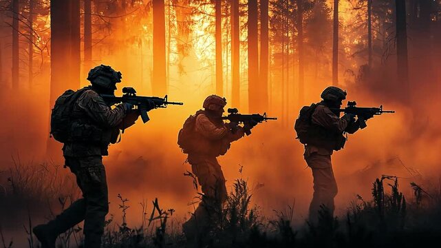 Soldiers in the fiery forest: Silhouettes of soldiers moving through a smoky forest at sunset, armed and ready. A dramatic scene of military action and courage. 