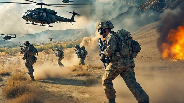 Military Helicopter Extraction: A dramatic scene of soldiers on a mission in a warzone, with helicopters overhead, and an explosion in the background.  