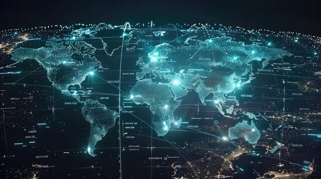 Abstract glowing world map with financial data points and a blue grid background for global business themes - Powered by Adobe