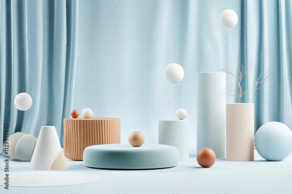 Poster abstract pastel 3d render with geometric shapes and floating spheres