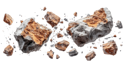 Flying pieces of broken bricks isolated on white background