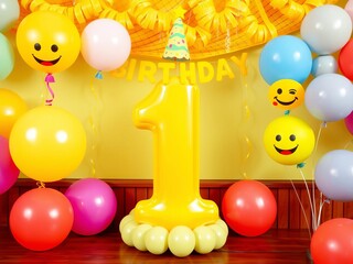 Number 1 yellow birthday emoji faces balloons 3D render with happy expressions on each balloon, perfect for celebrating a milestone birthday, celebration, number 1