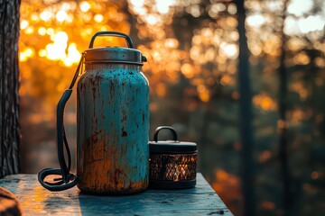 A rustic scene featuring a weathered water jug and a lantern against a blurred forest backdrop.