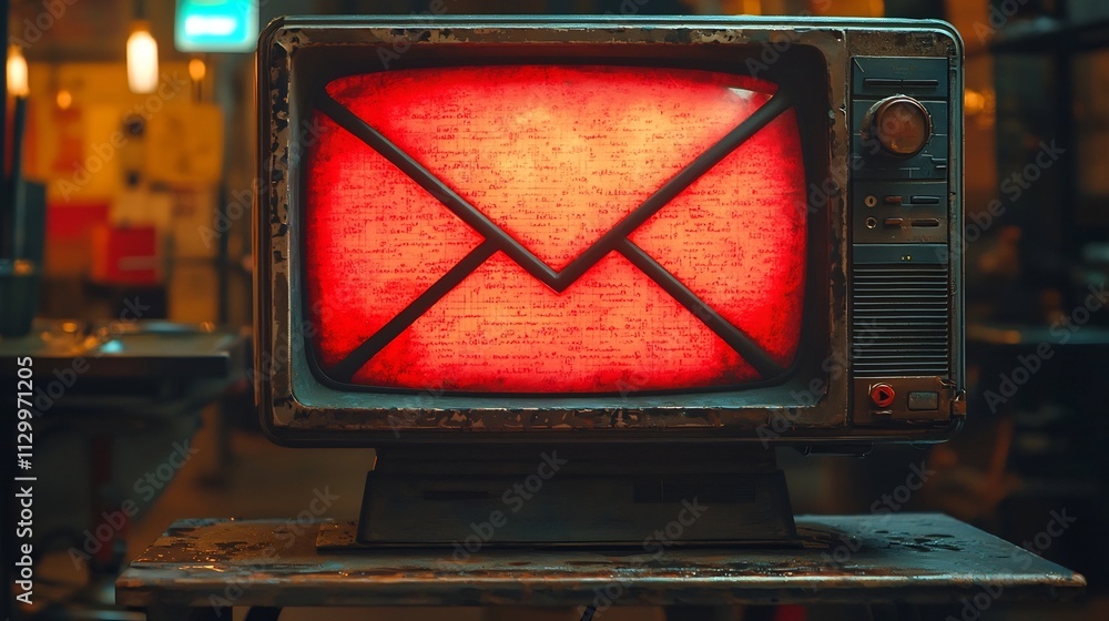 Poster retro email icon on vintage television screen with static and scan lines