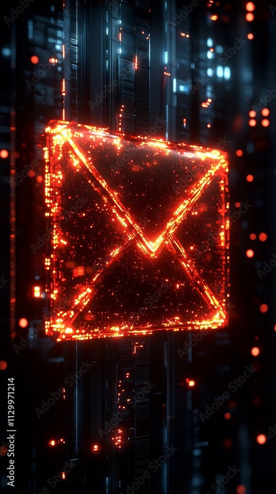 Poster transparent holographic email icon in futuristic virtual interface with flowing data streams