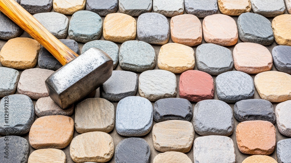Poster a close-up of colorful cobblestones arranged neatly, with a rubber mallet resting on top, showcasing