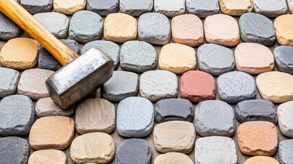A close-up of colorful cobblestones arranged neatly, with a rubber mallet resting on top, showcasing a surface ready for paving work.