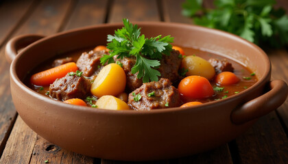 Savory beef stew with potatoes and carrots in a rustic clay pot