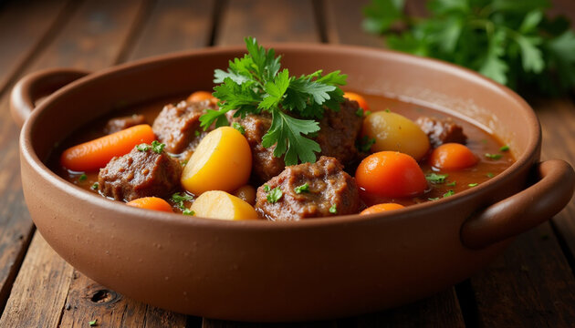 Savory beef stew with potatoes and carrots in a rustic clay pot