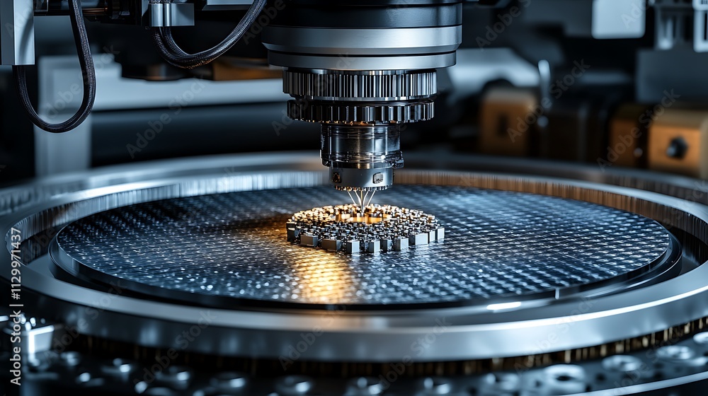 Poster close-up of precision robotic arm assembling microchips on a silicon wafer.