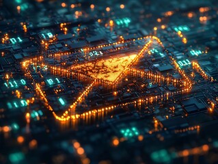 Flowing Binary Code Email Icon Against Dark Neon Lit Background