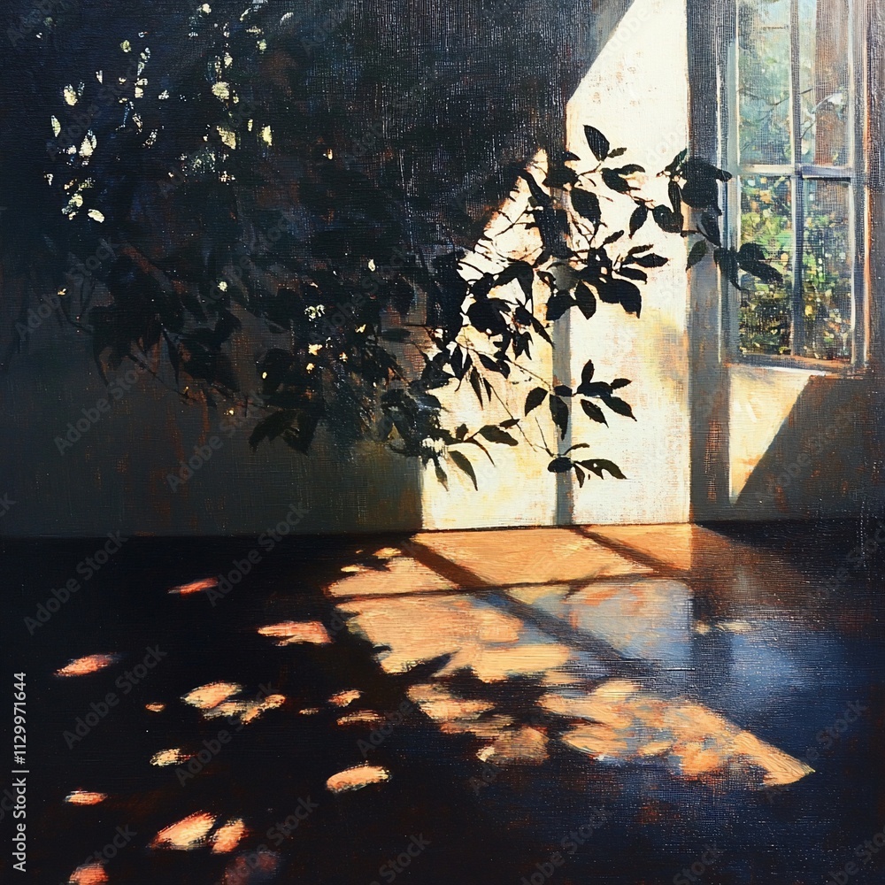 Poster sunlight streams through window, casting leaf shadows on floor.