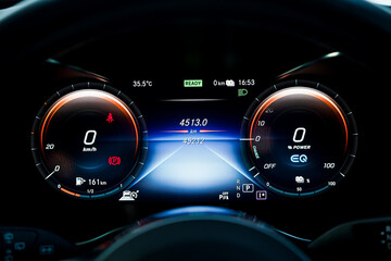 car​ instrument panel, car​ speed motor of​ night, car​ dashboard​ modern​ automobile control​illuminated panel​ speed display.