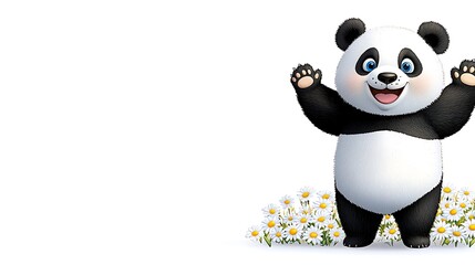 Fototapeta premium Happy Panda Bear Cub in Flowers Cute Cartoon Animal Illustration