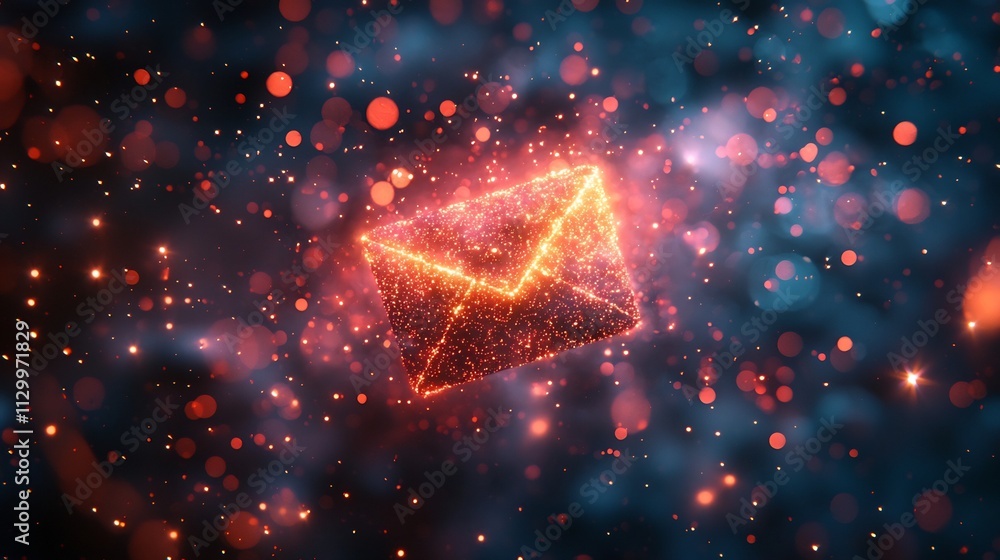 Poster floating digital email icon surrounded by glowing orbs in ethereal virtual environment