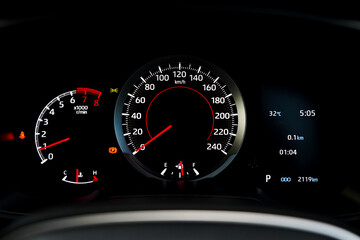 Fototapeta premium car​ instrument panel, car​ speed motor of​ night, car​ dashboard​ modern​ automobile control​illuminated panel​ speed display.