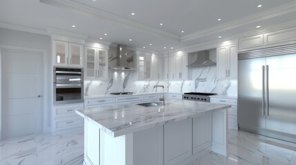 A contemporary kitchen with white cabinets, marble countertops