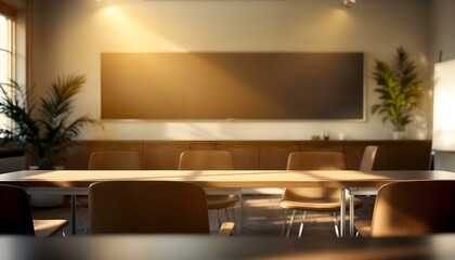 Blank chalkboard in an empty classroom in a school with tables desks chairs