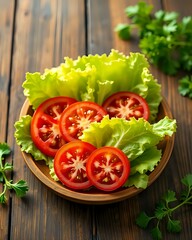 image d'une assiette remplie d'une salade de composée de laitue et de tomate