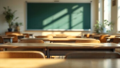 Blank chalkboard in an empty classroom in a school with tables desks chairs