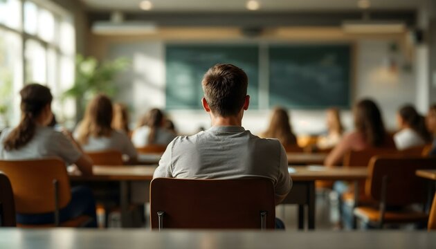 Boy with gray t-shirt sitting in the back of a classroom with his back turned facing the front of the class teacher with a whiteboard chalkboard with assignments studying workload
