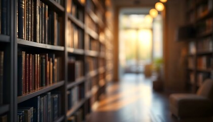 Quaint cozy bookstore setting blurry backdrop with rows of bookshelves in natural light