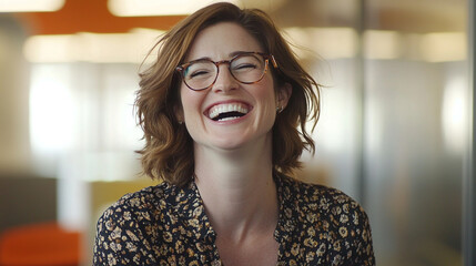 Happy Woman Laughing  Portrait  Glasses  Office