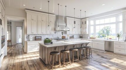 A contemporary kitchen with white cabinets, quartz countertops