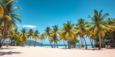 Obraz premium Panoramic view of lush exotic palm trees swaying in the breeze on a sandy tropical beach, sand, blue sky