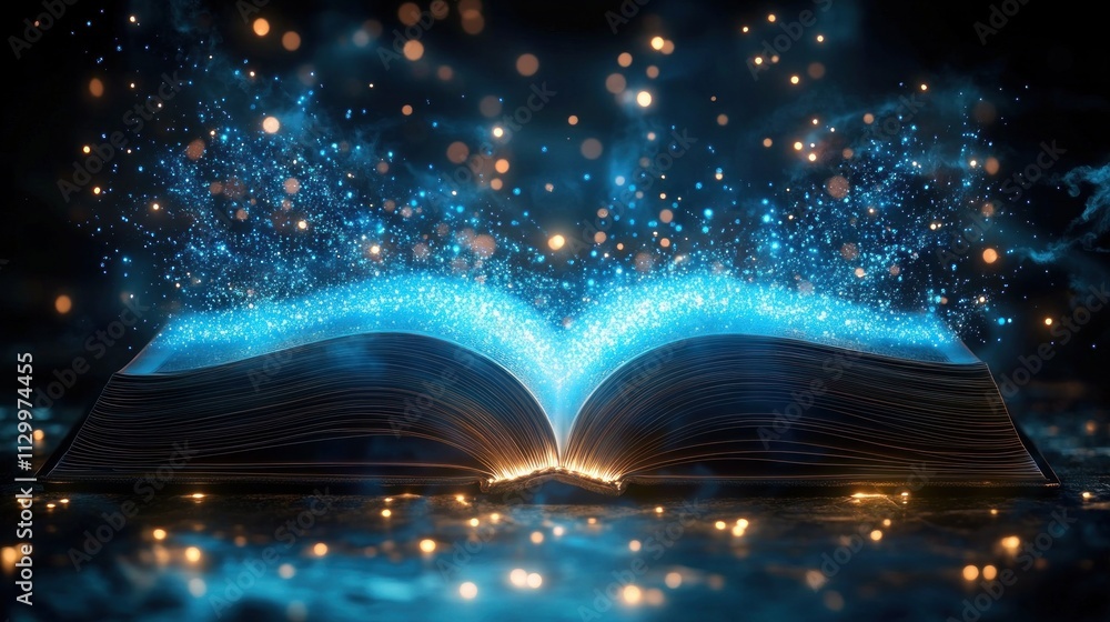 Poster digital book for learning in futuristic style with ethereal textures and glowing particles