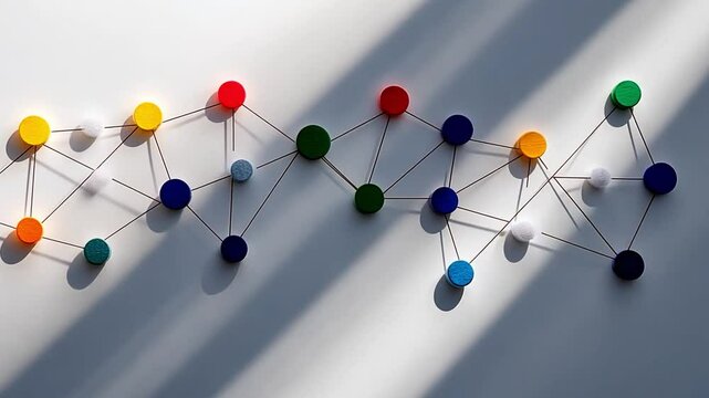 Interconnectedness: A vibrant network of colorful pushpins connected by string, casting shadows against a stark white backdrop, symbolizing the power of collaboration and communication.
