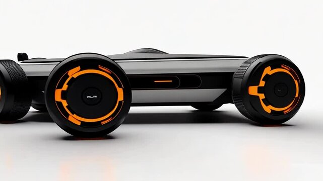 Futuristic Race Car: A sleek, low-slung concept car with bold orange accents, signifying speed, innovation, and cutting-edge technology.