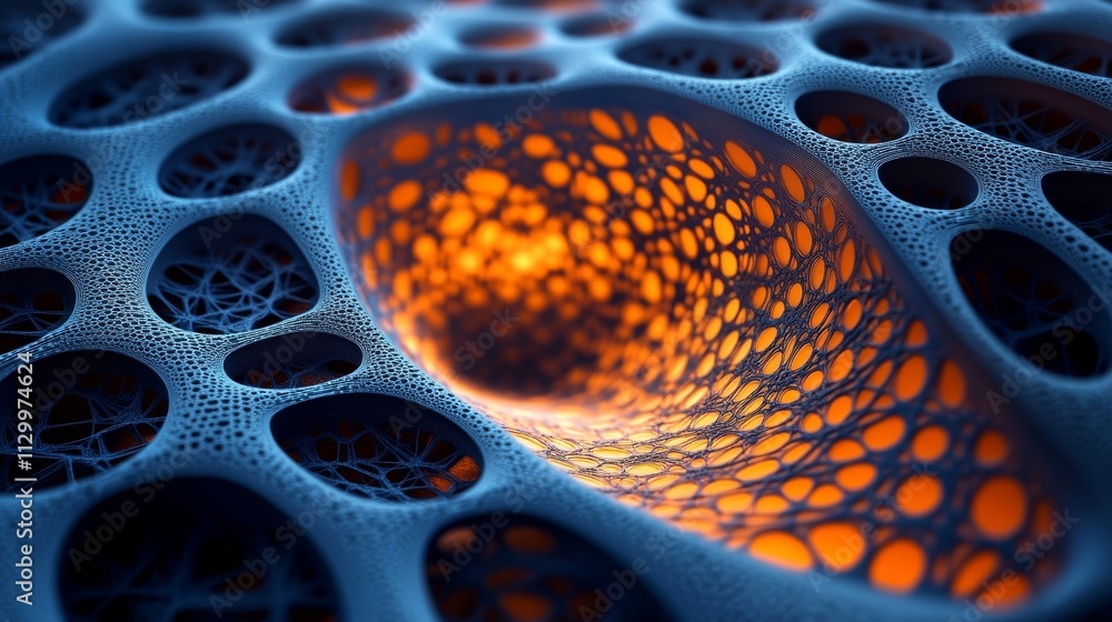 Poster an abstract digital art piece featuring a blue mesh structure with a warm orange glowing center. the
