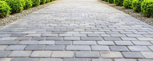 A paved pathway lined with lush greenery, showcasing a neat arrangement of stones, ideal for landscaping and outdoor aesthetics.