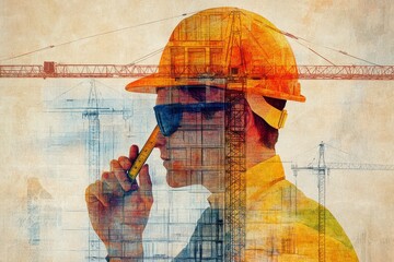 A silhouette of a construction worker with a hard hat, layered with cranes in the background.