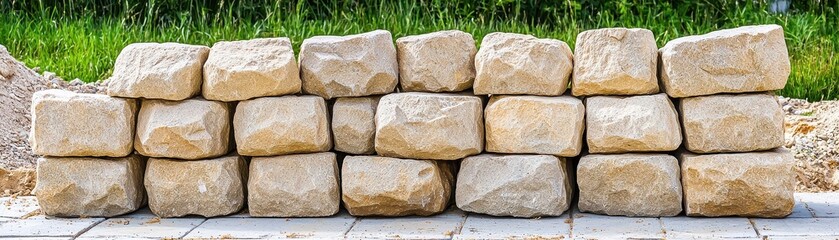 A row of large, natural stones arranged neatly, creating a sturdy barrier, set against a backdrop of green grass.